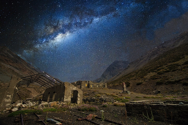 nature, landscape, train station, abandoned, mountains, Milky Way