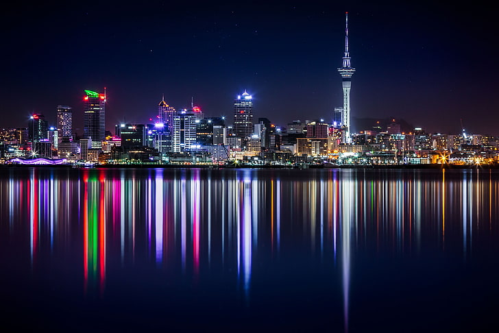 Canada cityscape, reflection, night, Auckland, New Zealand, urban Skyline, HD wallpaper