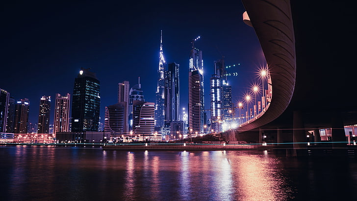 night, highway, city, Dubai, Burj Khalifa, architecture, built structure