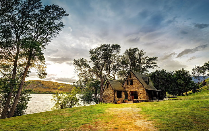beige stone house, cottage, river, HDR, architecture, water, built structure