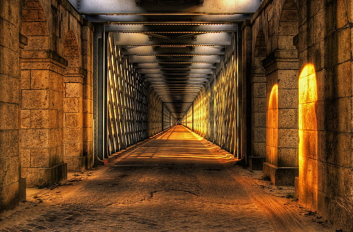 brown concrete hallway, point of view, architecture, tunnel, HDR, HD wallpaper