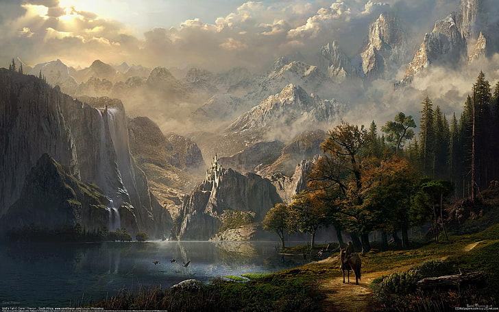 forest illustration, girl, mountains, lake, castle, horse, elf, HD wallpaper