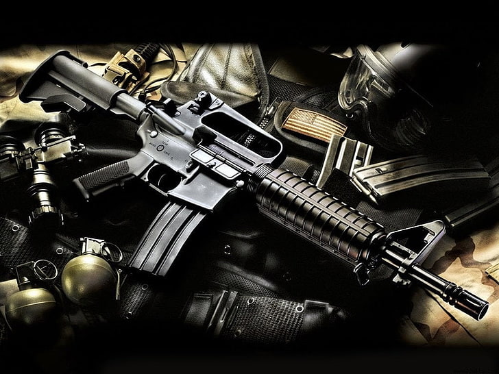 gun, weapon, AR-15, violence, metal, handgun, sign, warning sign, HD wallpaper