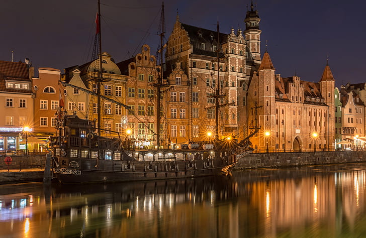 river, ship, building, home, Poland, night city, frigate, Old Town, HD wallpaper