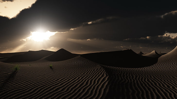 landscape photo of desert, sand, dune, nature, clouds, Sun, shadow