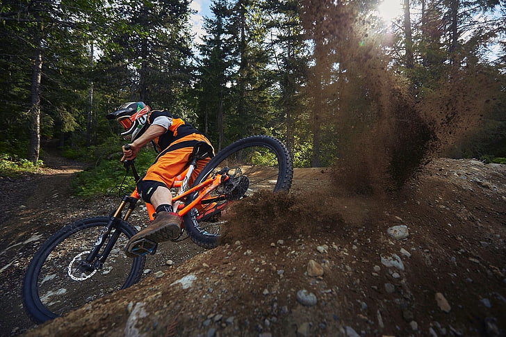 orange and black bike, Downhill mountain biking, mountain bikes