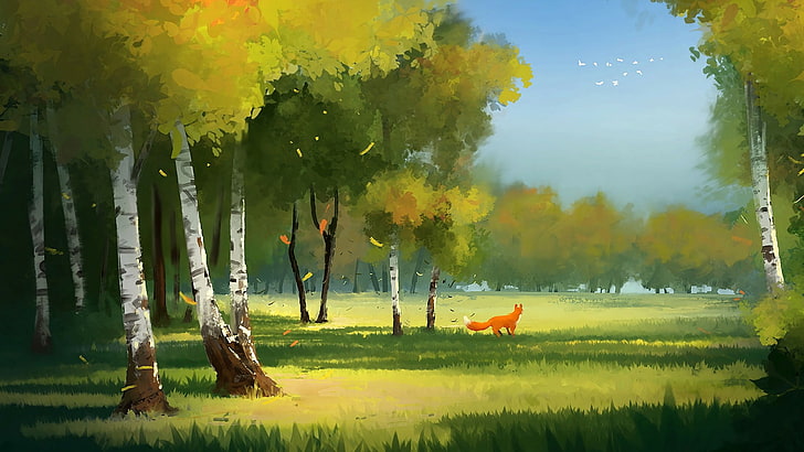 fox, nature, painting, tree, meadow, autumn, painting art, landscape, HD wallpaper