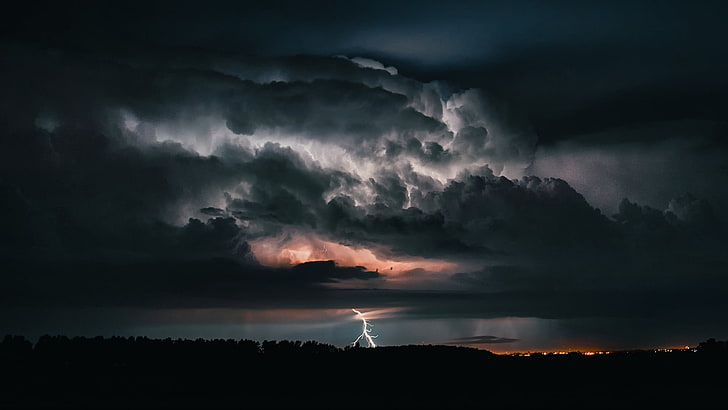 nature, clouds, sky, storm, lightning, trees, lights, dark