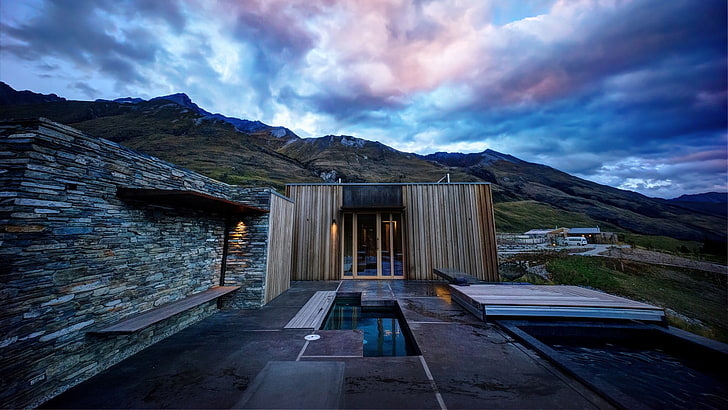 brown wooden house, cabin, modern, mountains, landscape, swimming pool