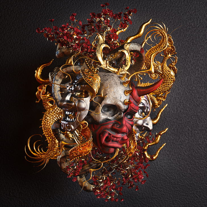 billelis, dark, religion, death, skull, samurai, gold, red, HD wallpaper