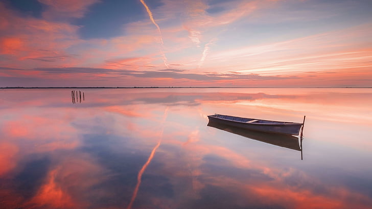 reflection, boat, calm, pink sky, reflected, horizon, loch, HD wallpaper