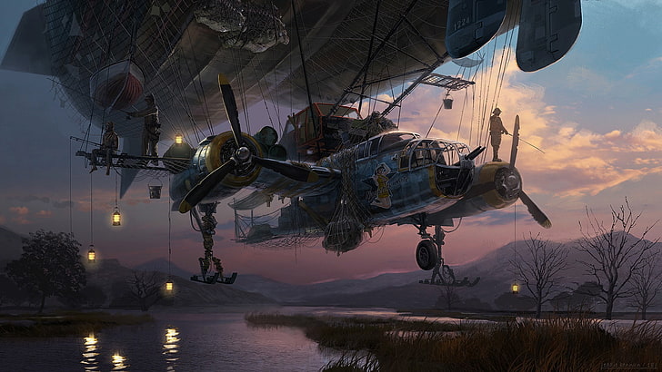 artwork, steampunk, Eddie Bennun, vehicle, aircraft, sky, transportation