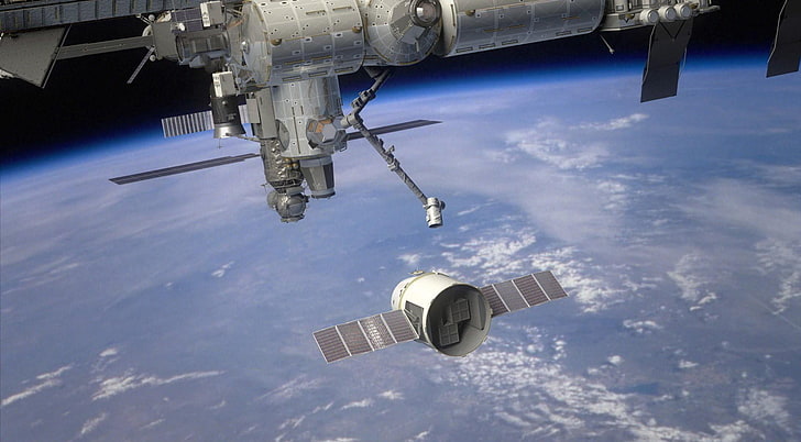 grey space satellite, spaceship, dragon, iss, planet, earth, atmosphere, HD wallpaper