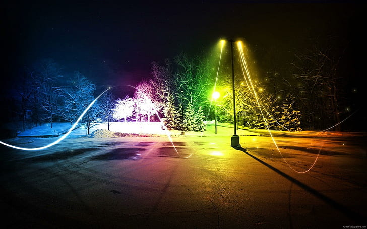 Street lamppost sending fluo lights, green spotlight, diverse