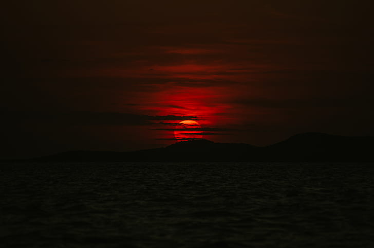 mountains, red sun, dark, sunset, sea, outdoors, Ibiza, HD wallpaper