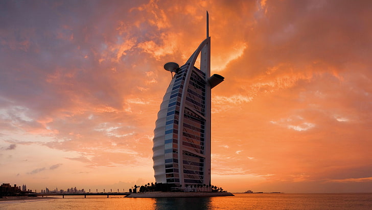 Buildings, Burj Al Arab, Dubai, Sea, Sunset, United Arab Emirates, HD wallpaper