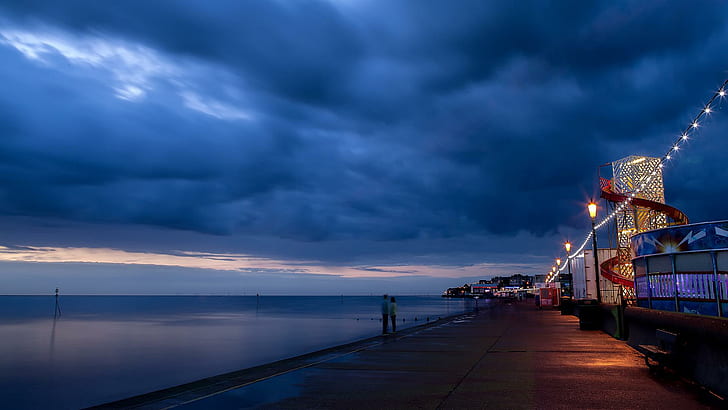Twilight On The Waterfront, stores, clouds, nature and landscapes
