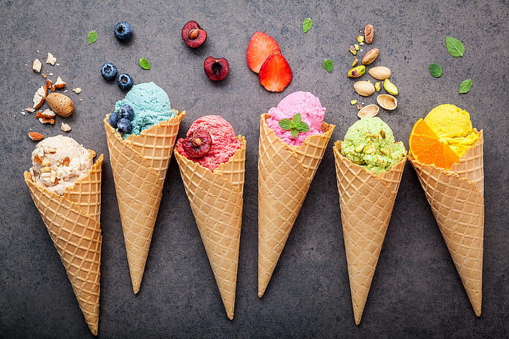 berries, colorful, ice cream, fruit, nuts, horn, cone