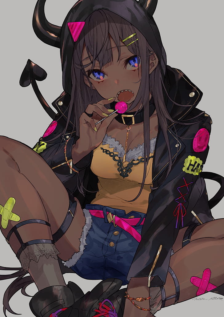 anime girls, mika pikazo, blue eyes, horns, lollipop, spread legs, HD wallpaper