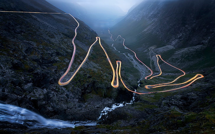 long exposure photography of mountains, Norway, Trollstigen, road, HD wallpaper