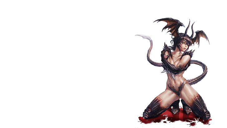 demon, girl, blood, fantasy, horns, minimalism, anime, wings, HD wallpaper