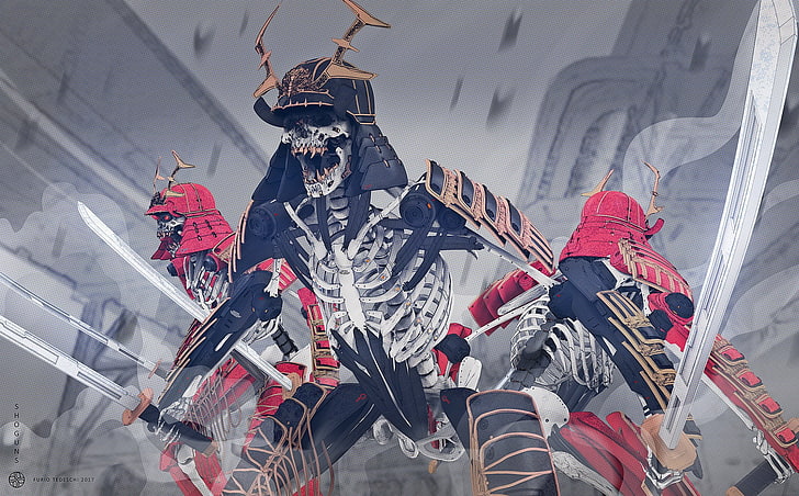 Dark, Warrior, Armor, Katana, Samurai, Skeleton, Sword