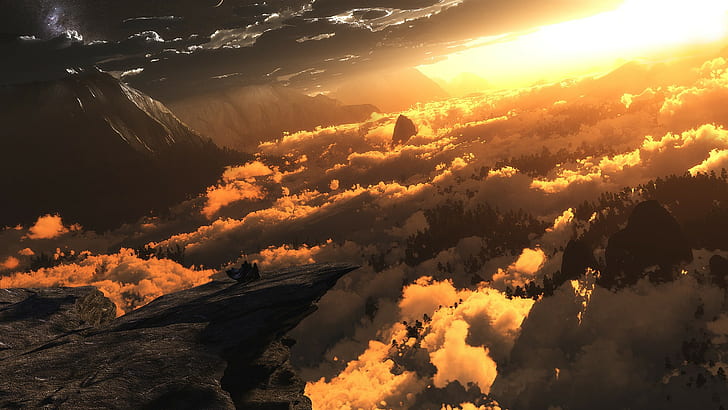 digital art, clouds, sunlight, landscape, mountains, sunset