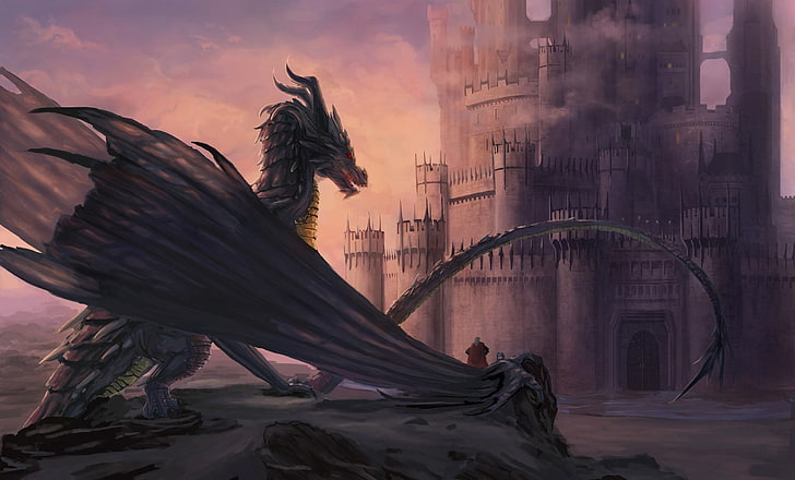 dragon, castle, fantasy art, artwork, sky, nature, bird, sunset, HD wallpaper