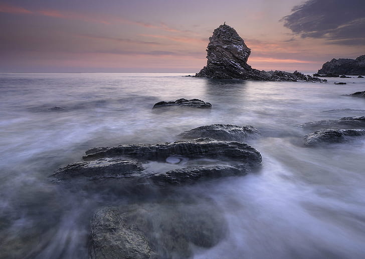 sea waves and rock formations during golden hours, Stacks, Rhoscolyn, HD wallpaper