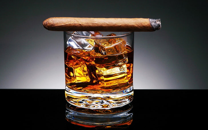 clear cut glass drinking cup, cigars, alcohol, ice cubes, food and drink, HD wallpaper