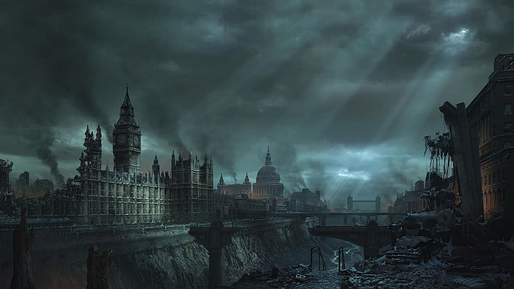 Big Ben clock, digital art, apocalyptic, London, Hellgate: London