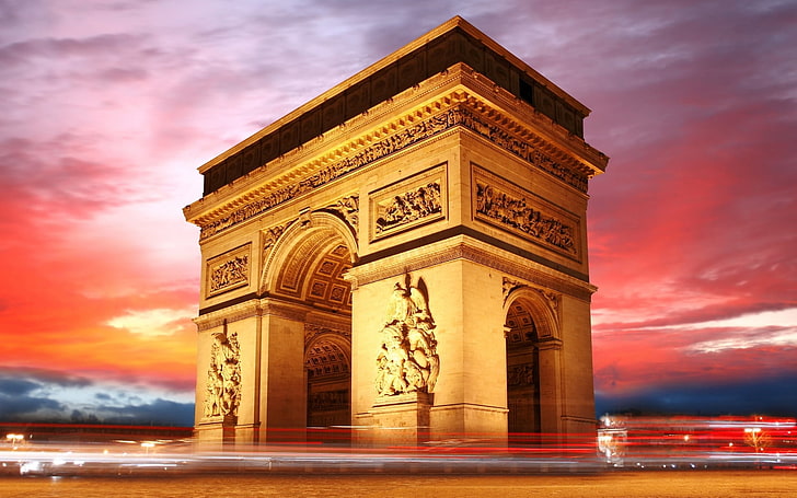 gold concrete arch, paris, france, evening, sky, famous Place, HD wallpaper