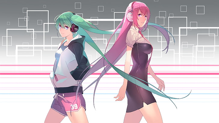 two female anime illustration, Vocaloid, Hatsune Miku, anime girls