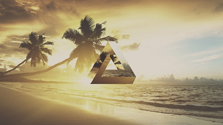 coconut trees, triangle, geometry, beach, palm trees, Penrose triangle, HD wallpaper