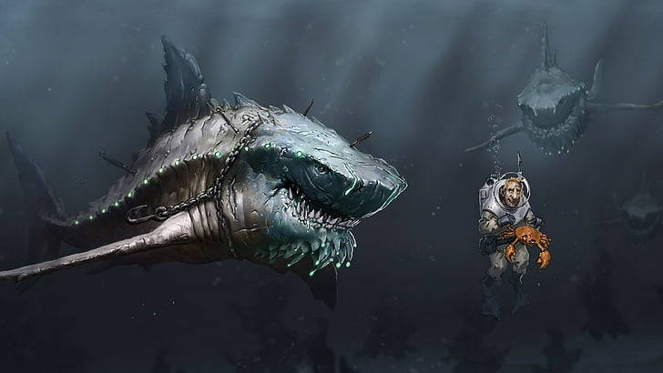 grey shark illustration, Megalodon, art