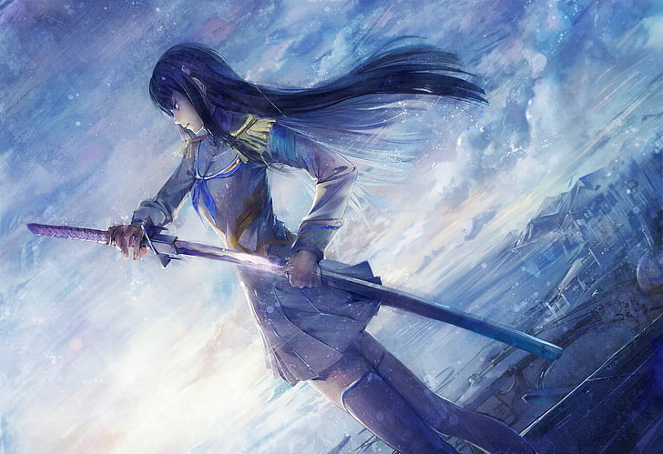 long blue-haired woman holding long sword anime illustration