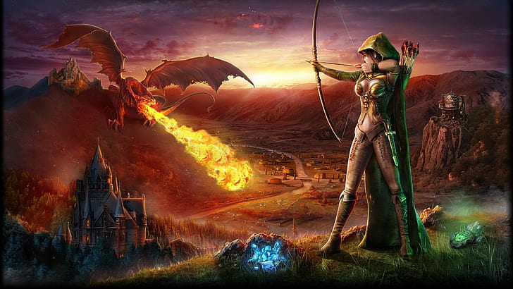 Fire dragon, castle, artwork, fantasy art, war, armor, video games
