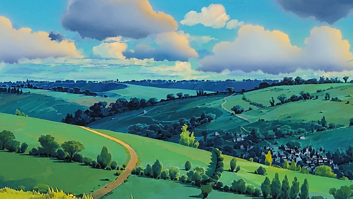 HD wallpaper: anime, Studio Ghibli, artwork, landscape, clouds, cyan, green  | Wallpaper Flare