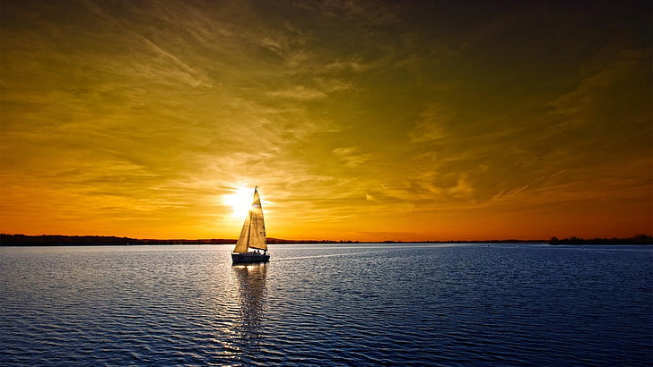 white and black sailboat, sea, sunset, sunlight, nature, clouds