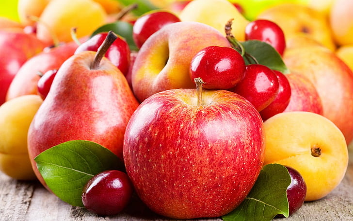 Delicious fruits, apples, pears, apricots, cherries, HD wallpaper