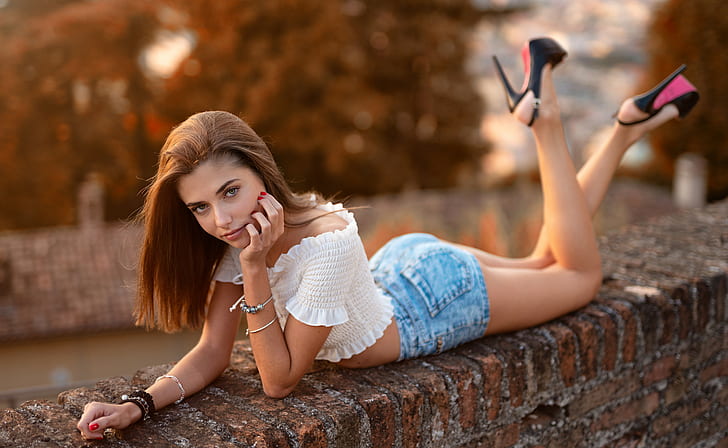 women, Marco Squassina, jean shorts, high heels, lying on front