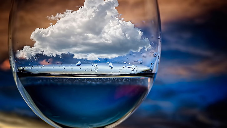 wine glass, nature, sky, clouds, water, water drops, drinking glass, HD wallpaper