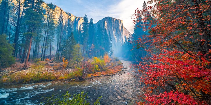 autumn, trees, mountains, river, CA, California, Yosemite Valley
