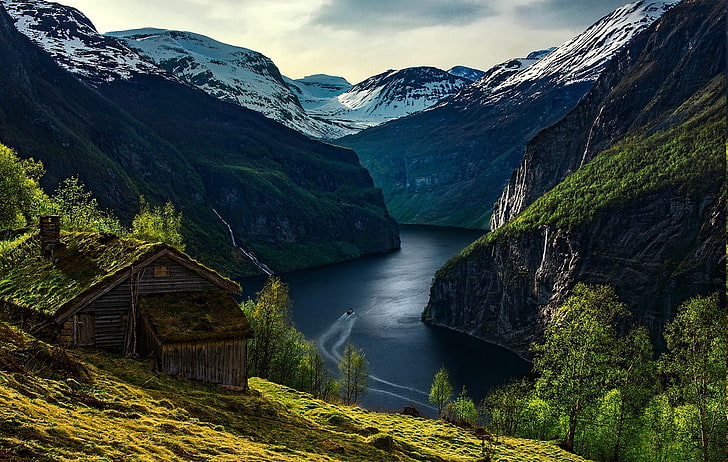 boat, Cabin, Fjord, Geiranger, grass, landscape, Morning, mountain, HD wallpaper