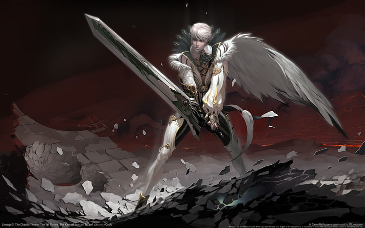 man wearing white suit with wings holding sword character painting, HD wallpaper