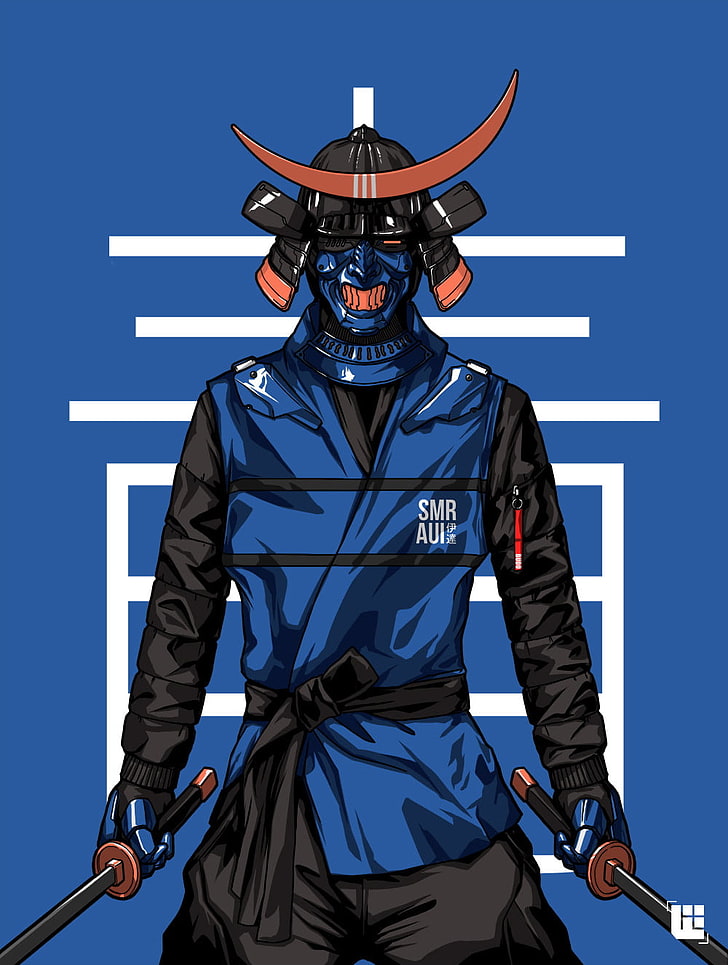 Bryan Lie, men, samurai, blue background, coats, Masked, sword, HD wallpaper