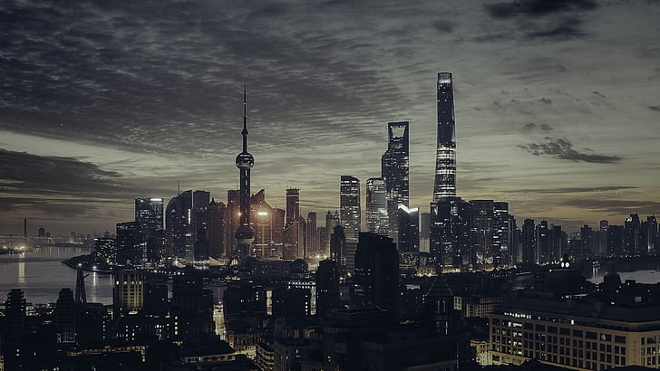 dark, cityscape, night, Shanghai, China, HD wallpaper