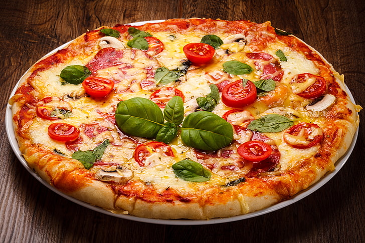 pizza, cheese, tomato, vegetables, fast food, dairy product, HD wallpaper
