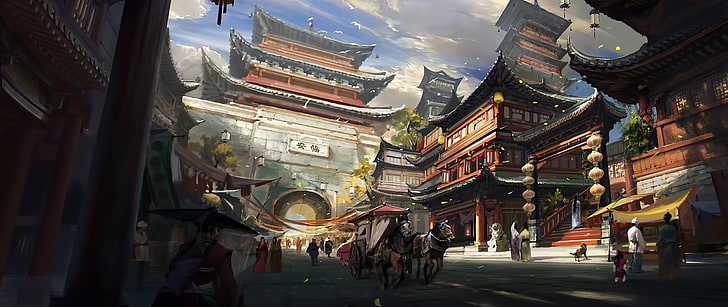 multicolored pagoda digital wallpaper, ultra-wide, fantasy city, HD wallpaper