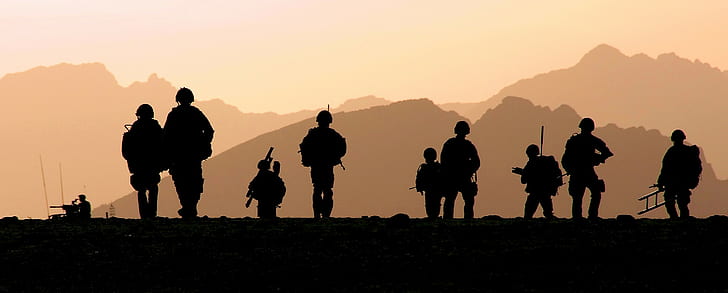 military silhouette royal marines, sunset, mountain, group of people, HD wallpaper